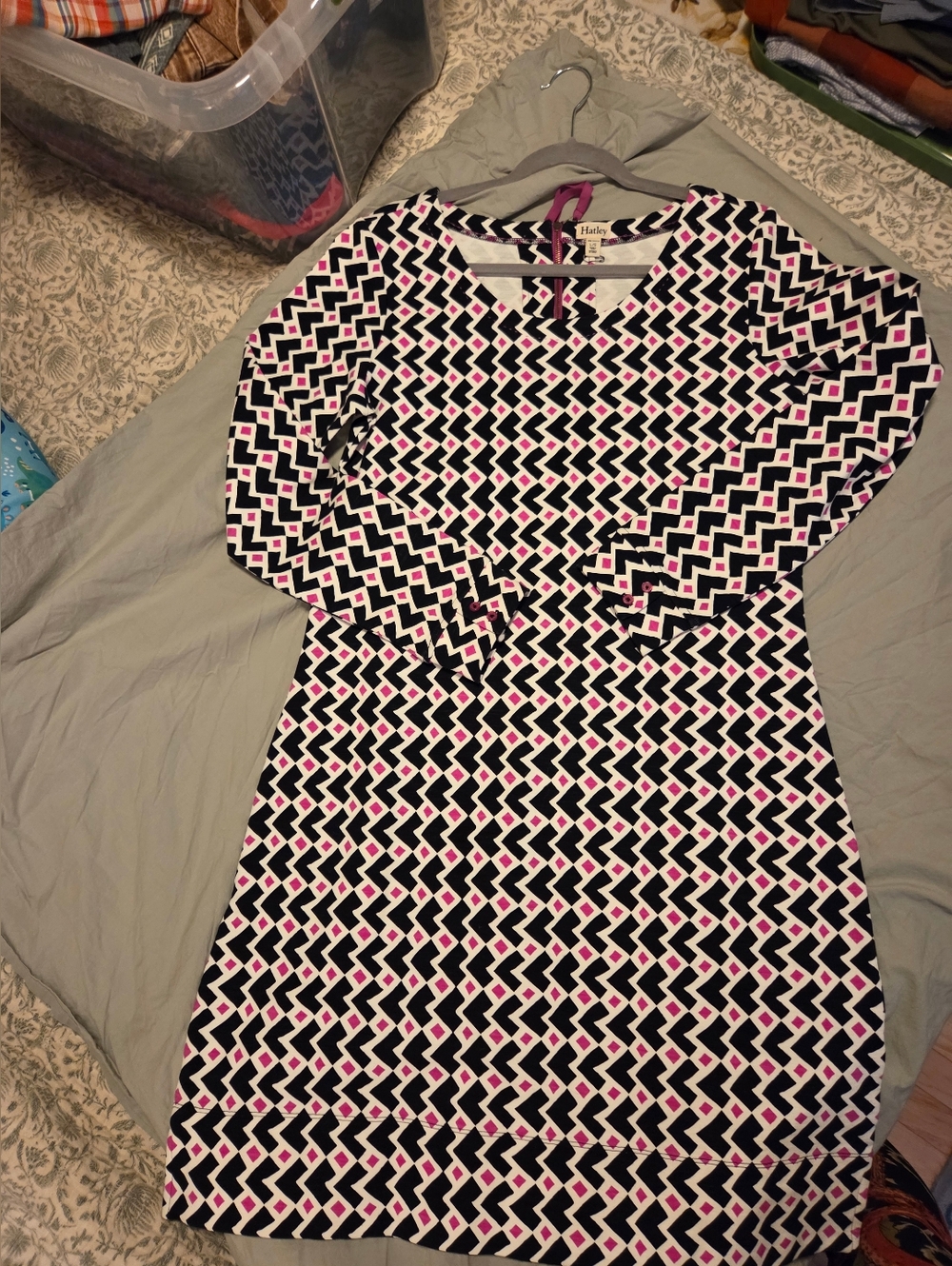 Hatley Geometric Black & White Dress with Pink Accents and Rear Zip.